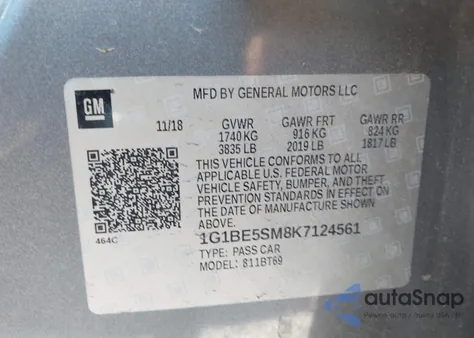 2019 Chevrolet Cruze Lt z USA, uszkodzony, nr VIN 1G1BE5SM8K7124561